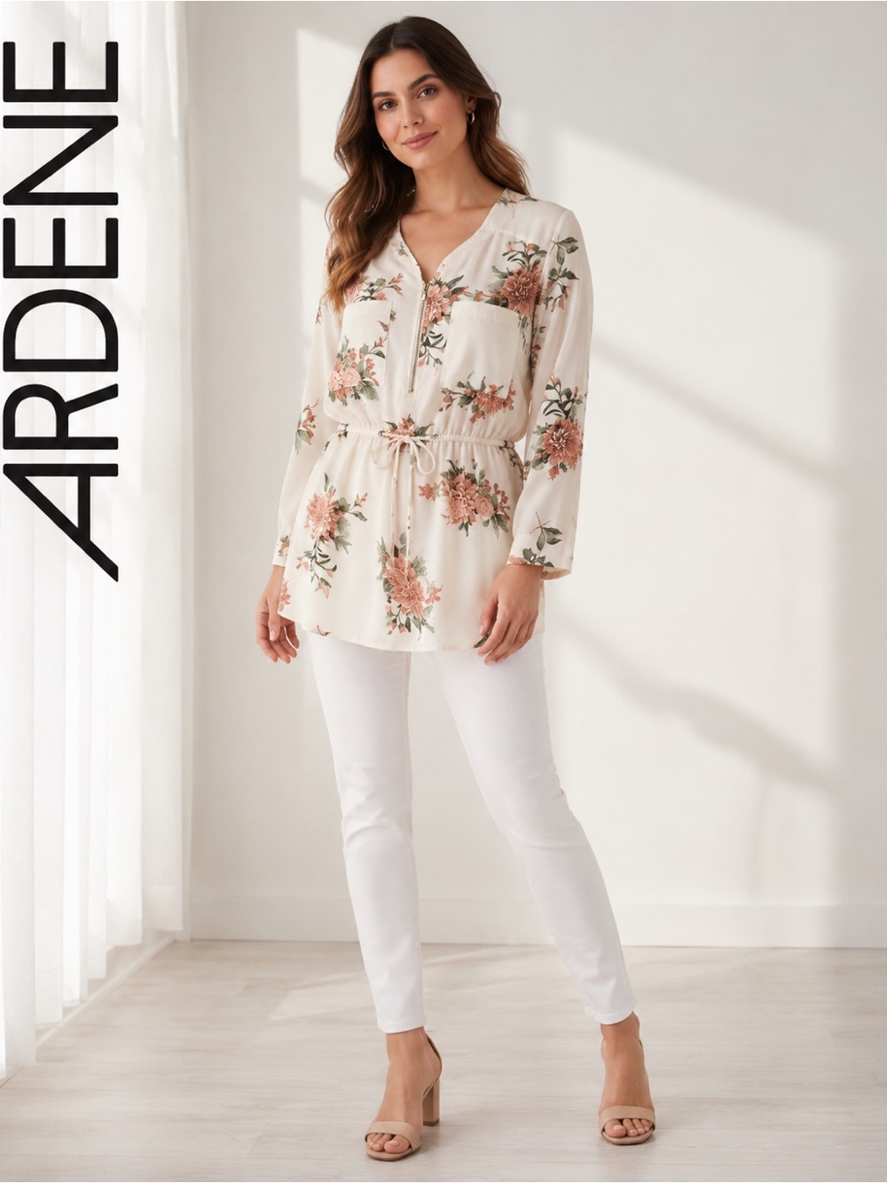 Ardene Floral Zip Front Blouse | Size S | White Boho Peasant Top